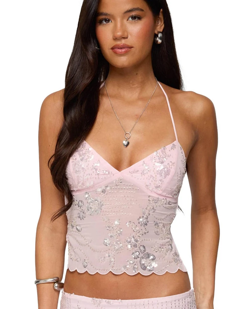 Edikted Women's Nelley Backless Beaded Sequin Chiffon Top