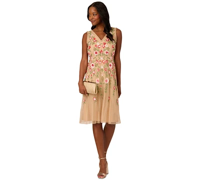 Adrianna Papell Women's Beaded-Mesh Fringe-Edge Dress