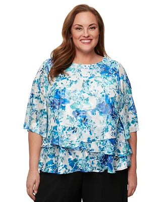 Alex Evenings Plus Size Printed Chiffon 3/4-Sleeve Blouse