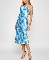 pear culture Juniors' Printed Satin High-Neck Sleeveless Midi Dress