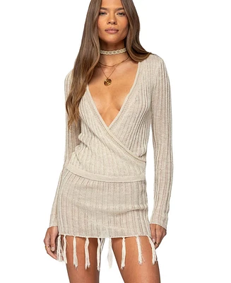 Edikted Women's Tassel Knit Wrap Mini Dress