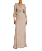 Mac Duggal Women's Wrap Over Bishop Sleeve Gown With Pearl Beading