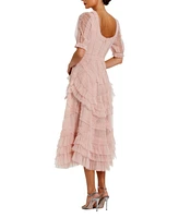 Mac Duggal Women's Short Sleeve Mesh Mirco Ruffle Midi Dress