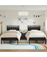 Hausource Twin Size Upholstered Bed Frame with Pu Leather Headboard