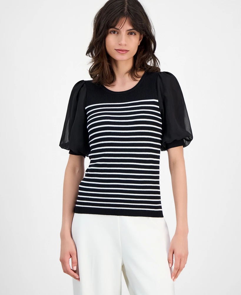 T Tahari Women's Striped Puffed-Sleeve Ribbed Top