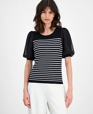 T Tahari Women's Striped Puffed-Sleeve Ribbed Top