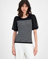 T Tahari Women's Striped Puffed-Sleeve Ribbed Top