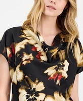 Anne Klein Women's Floral-Print Cowlneck Short-Sleeve Blouse, Created for Macy's