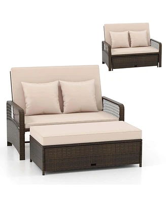 Patio Rattan Daybed Wicker Loveseat Sofa with Multifunctional Ottoman