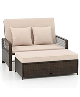 Patio Rattan Daybed Wicker Loveseat Sofa with Multifunctional Ottoman