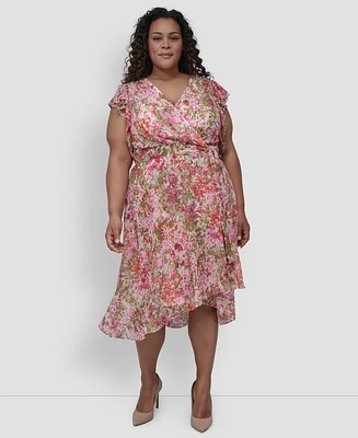 Dkny Plus Flutter-Sleeve Belted High-Low Dress
