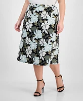 Kasper Plus Floral-Print Pull-On Midi Skirt