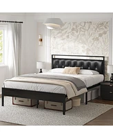 Hausource Queen Size Upholstered Bed Frame with Pu Leather Headboard