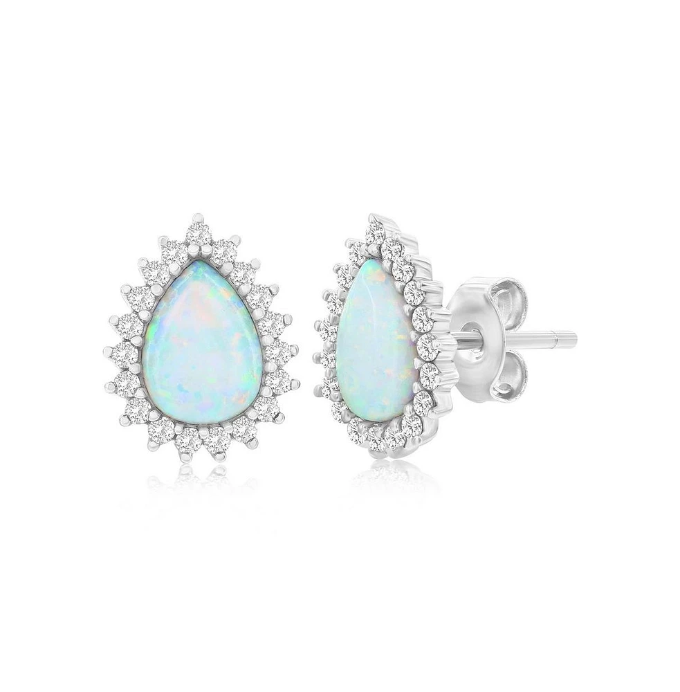 Sterling Silver White Synthetic Opal Pear-shaped, Cz Border Earrings
