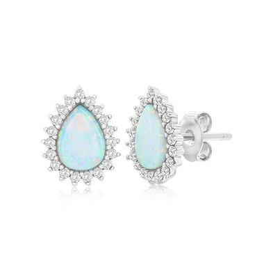 Sterling Silver White Synthetic Opal Pear-shaped, Cz Border Earrings