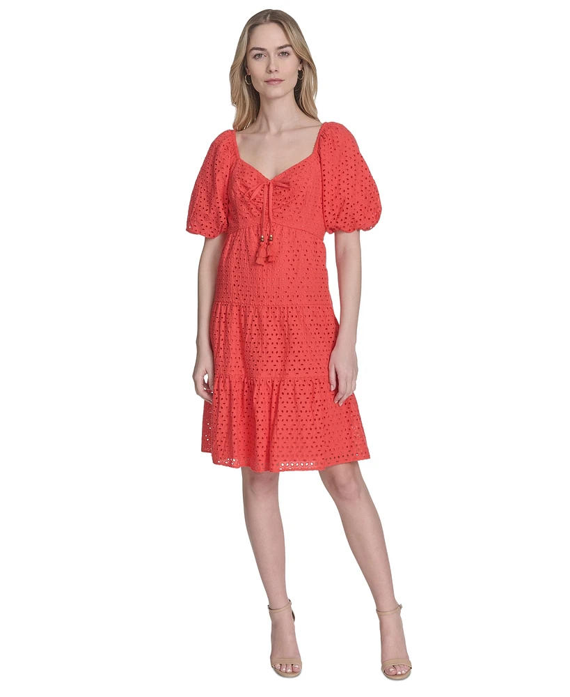 Vince Camuto Women's V-Neck Short-Puff-Sleeve Eyelet Dress