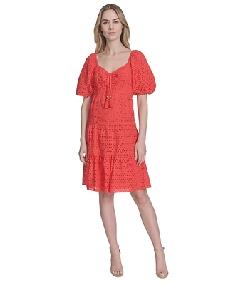 Vince Camuto Women's V-Neck Short-Puff-Sleeve Eyelet Dress
