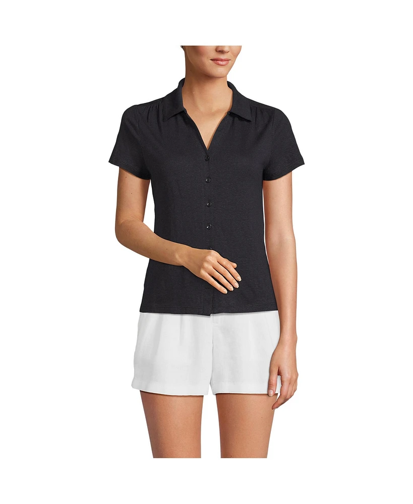 Lands' End Women's Tall Linen Blend Short Sleeve Button Front Polo Top