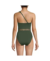 Lands' End Women's Long Macrame One Shoulder High Leg Piece Swimsuit