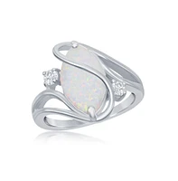 Sterling Silver White Inlay Synthetic Opal Oval Twist With Cz Ring