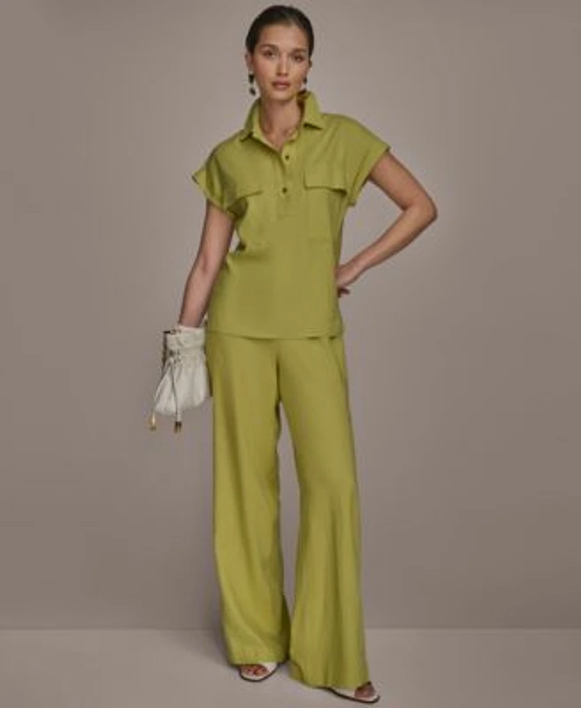 Donna Karan New York Womens Linen Blend Cap Sleeve Collared Shirt Wide Leg Pants