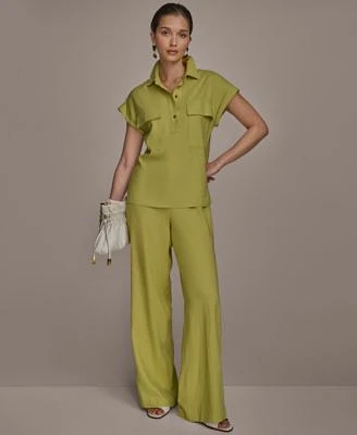 Donna Karan New York Womens Linen Blend Cap Sleeve Collared Shirt Wide Leg Pants
