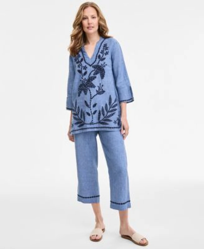 Charter Club Womens 100 Linen 3 4 Sleeve Tunic Top Embroidered Cuff 100 Linen Woven Cropped Pants Exclusively At Macys