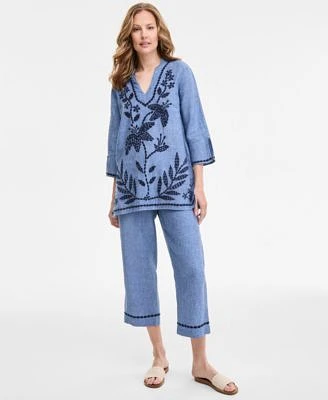 Charter Club Womens 100 Linen 3 4 Sleeve Tunic Top Embroidered Cuff 100 Linen Woven Cropped Pants Exclusively At Macys