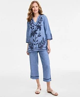 Charter Club Womens 100 Linen 3 4 Sleeve Tunic Top Embroidered Cuff 100 Linen Woven Cropped Pants Exclusively At Macys