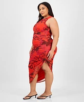 Bar Iii Trendy Plus Printed Shirred Midi Dress, Exclusively at Macy's