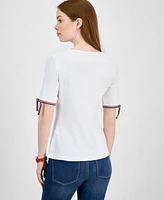 Tommy Hilfiger Women's Cotton Boat-Neck Tie-Sleeve T-Shirt