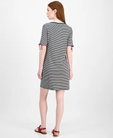 Tommy Hilfiger Women's Striped Cotton Boat-Neck Tie-Sleeve Dress