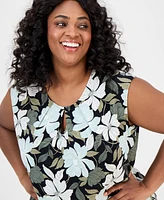 Kasper Plus Floral-Print Keyhole Top