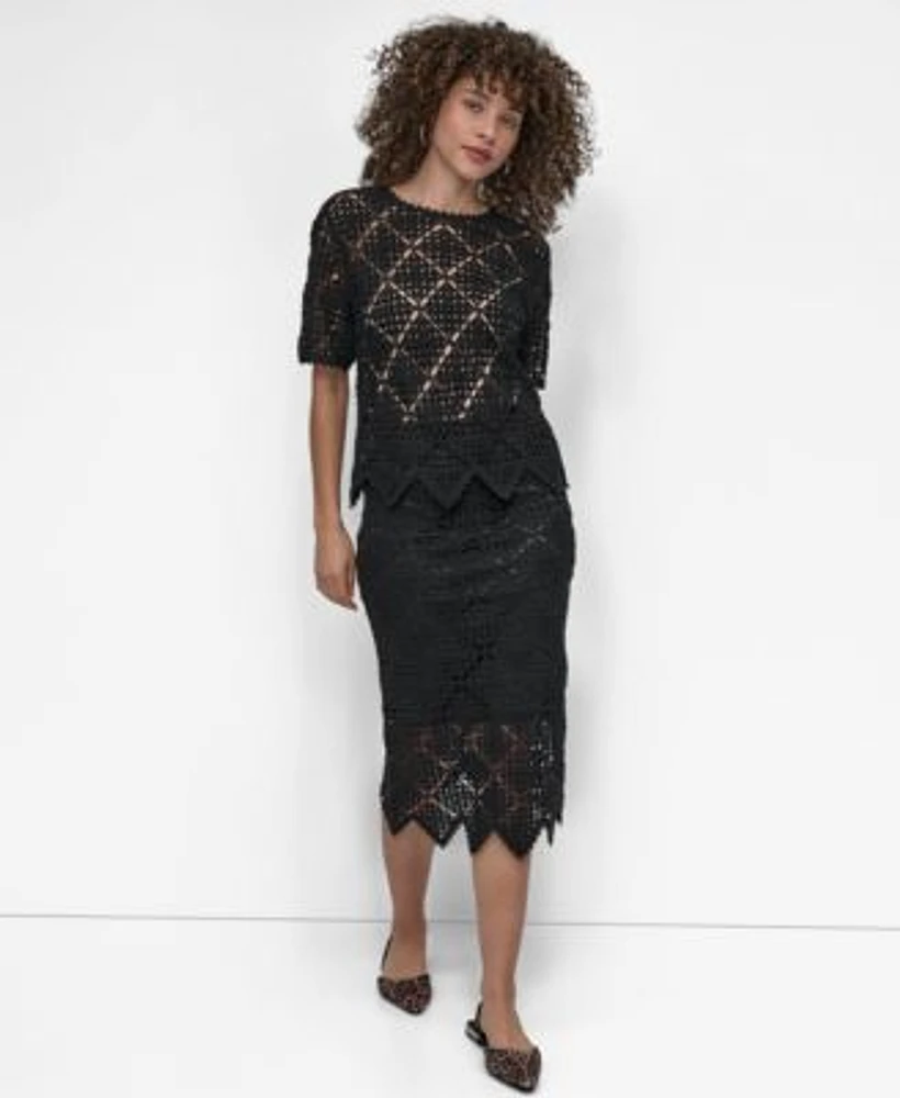 Dkny Womens Crocheted Short Sleeve Sweater Midi Sweater Skirt
