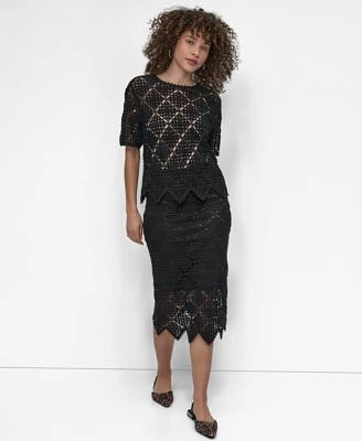 Dkny Womens Crocheted Short Sleeve Sweater Midi Sweater Skirt