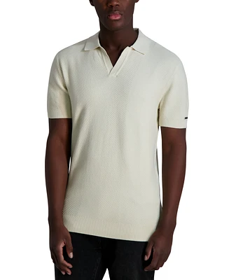 Karl Lagerfeld Paris Men's Short Sleeve Textured Open Collar Polo Shirt