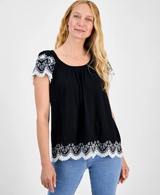 Style & Co Women's Scoop-Neck Embroidered Short-Sleeve Top, Exclusively at Macy's