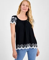 Style & Co Women's Scoop-Neck Embroidered Short-Sleeve Top, Exclusively at Macy's