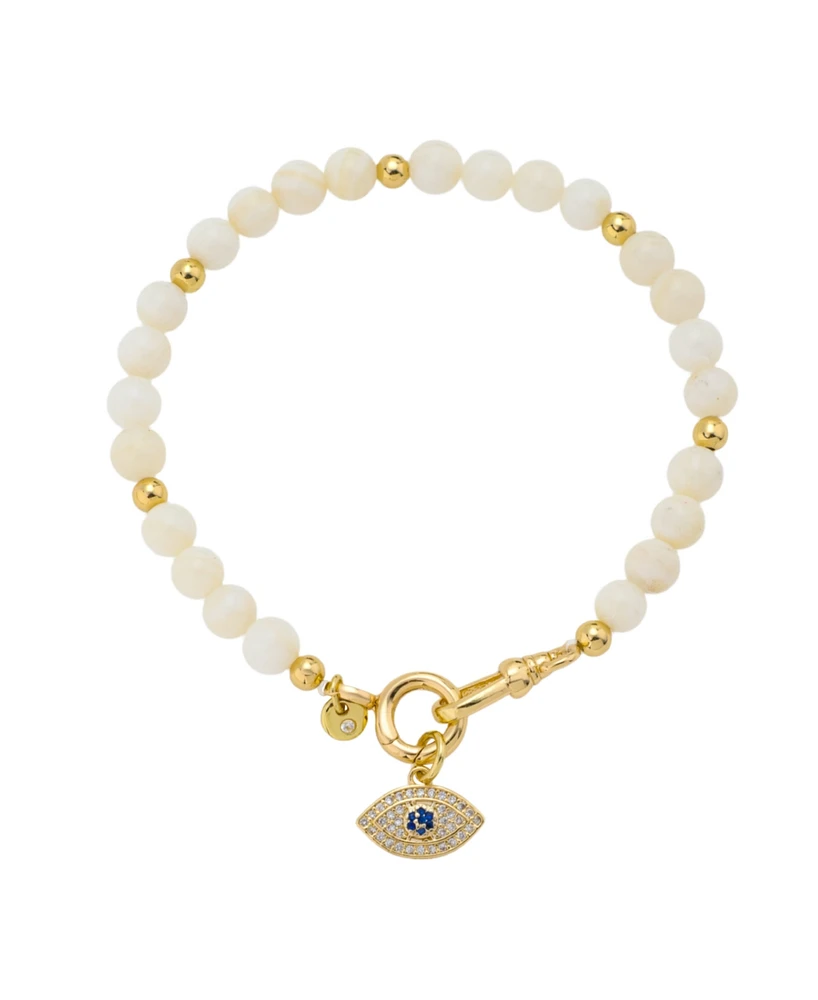 Unwritten Mother of Pearl and Cubic Zirconia Evil Eye Charm Stretch Bracelet