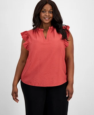 Anne Klein Plus Ruffle-Trim Split-Neck Sleeveless Blouse