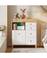 Multi-purpose diaper table with four drawers, baby changing station with multiple storage compartments and drawers, natural wood