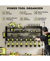 Hausource 4-Tier Power Tool Organizer Wall Mount Tool Storage Workbench W/8 Drill Holder Utility Shelving,Black