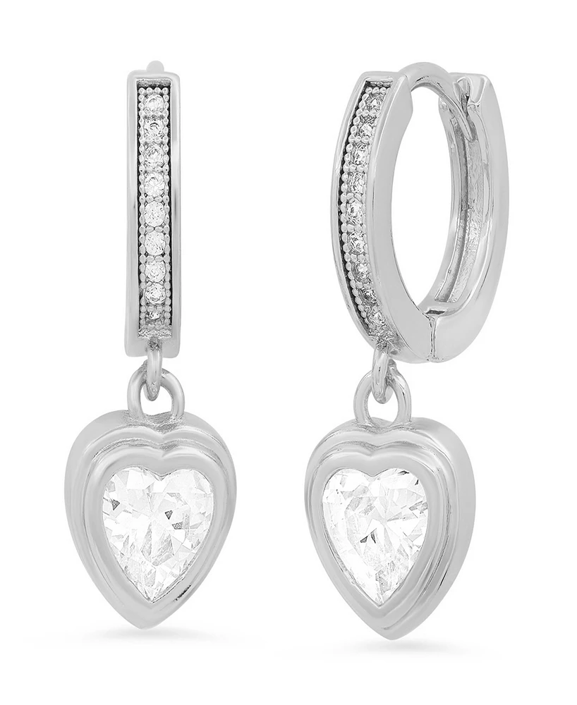 Steeltime Women's Brass Simulated Diamonds Dangling Charm Heart Huggie Earrings