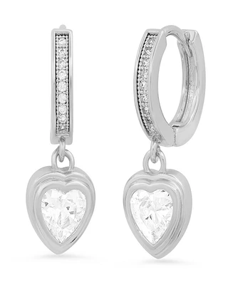 Steeltime Women's Brass Simulated Diamonds Dangling Charm Heart Huggie Earrings
