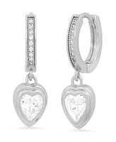 Steeltime Women's Brass Simulated Diamonds Dangling Charm Heart Huggie Earrings