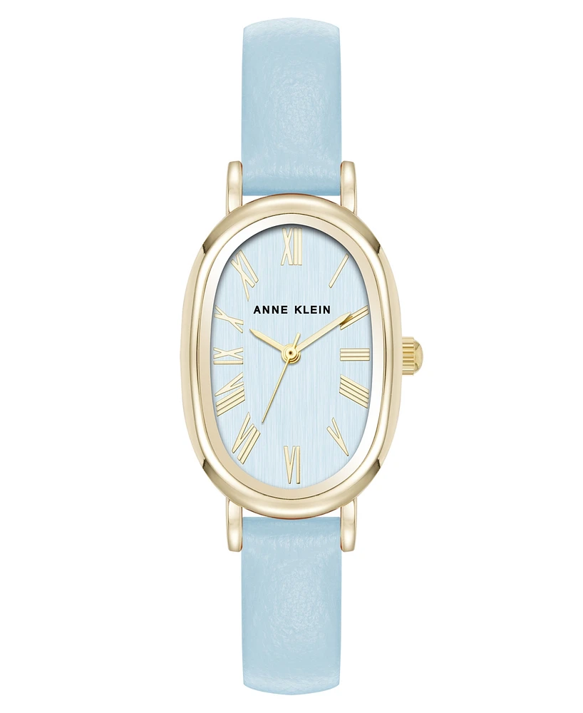 Anne Klein Women's Quartz Oval Light Blue Polyurethane Leather and Gold-Tone Metal Alloy Watch, 23mm