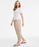 Tommy Hilfiger Womens Lace Front Short Sleeve Cotton Top Striped Extended Tab Cropped Pants