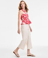 Tommy Hilfiger Womens Floral Print Sleeveless Peplum Halter Top Wide Leg No Waistband Cropped Denim Jeans