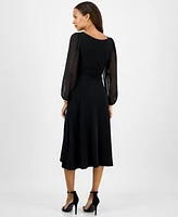 Connected Petite Shirred-Waist Sheer-Sleeve Midi Dress