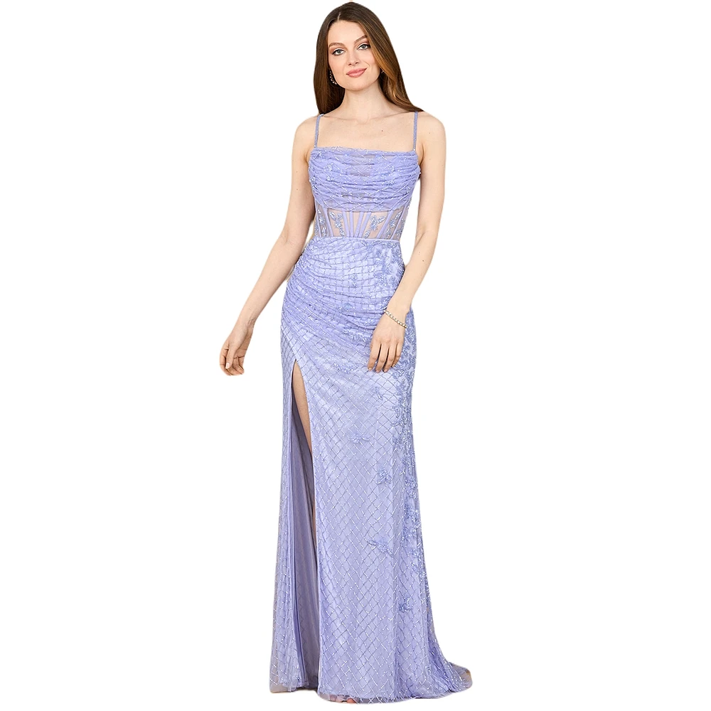 Lara Women's 9923 - Beaded Corset Gown with Slit